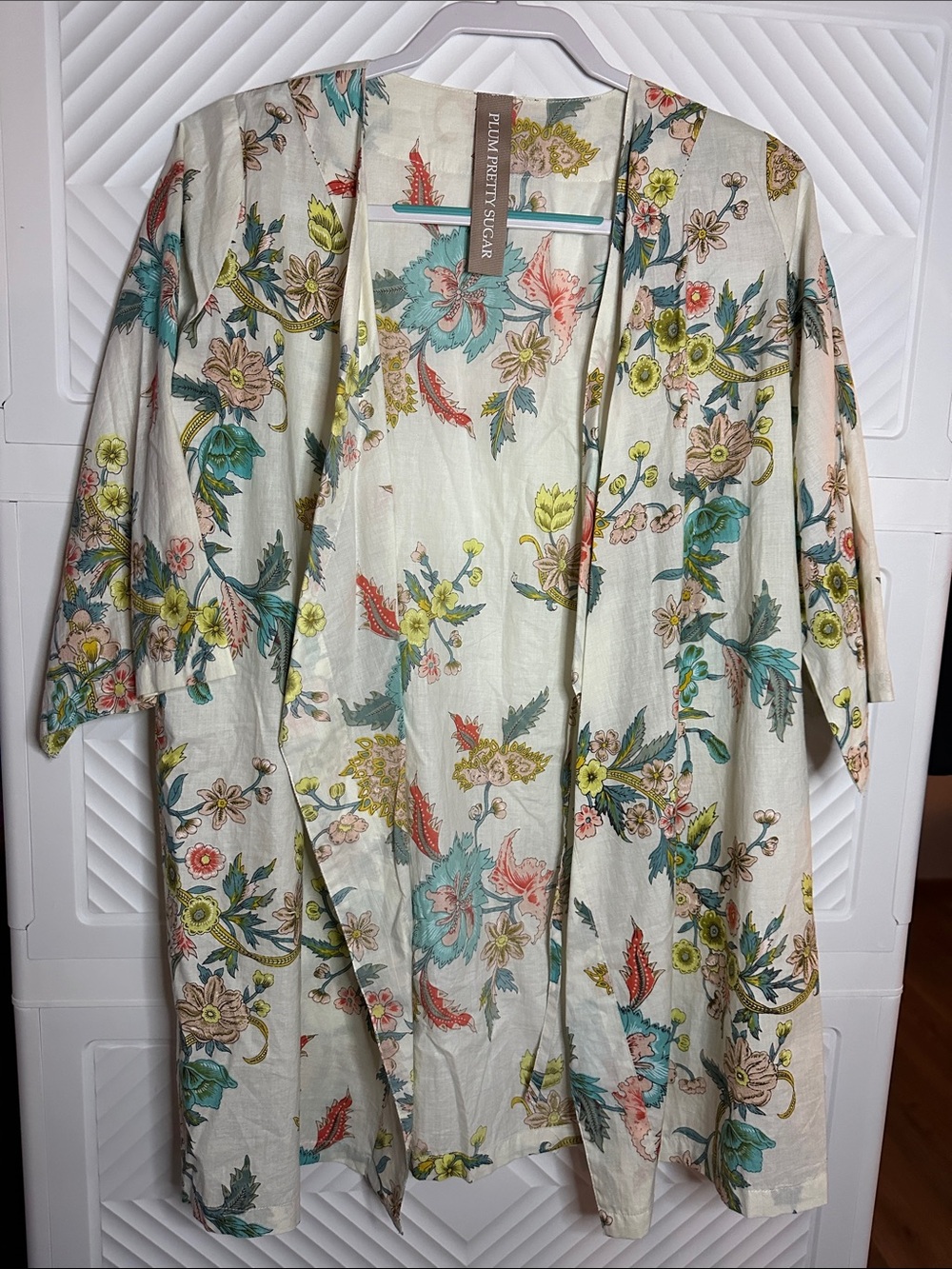 PrettyLittleThing Cream Floral Satin Kimono Cardigan with Teal & Coral Accents